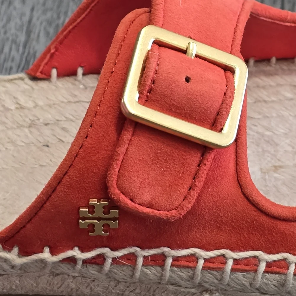 Tory Burch Selby Two Band Suede Leather Espadrille Flat Slide Bright Samba 6.5